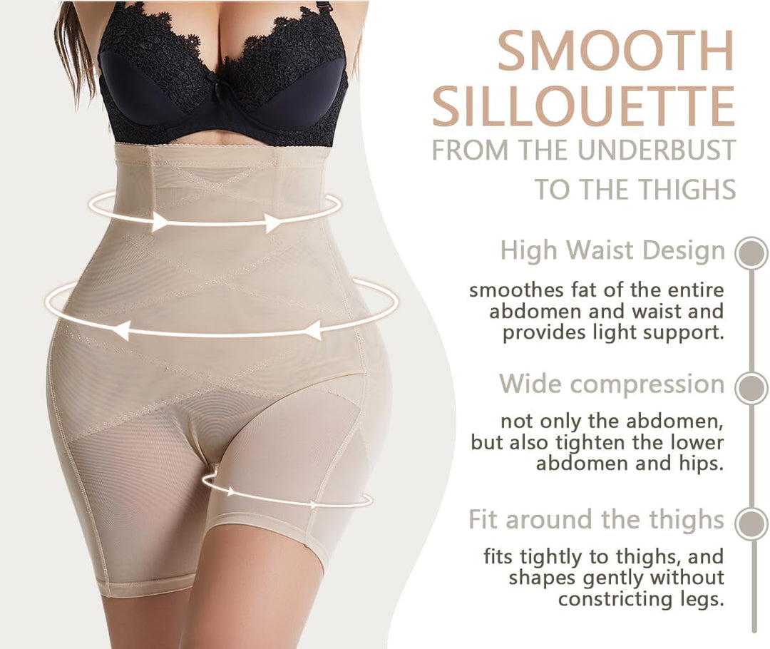 Damen Bauchweg Miederpants Shapewear Hohe Taille Unterhose mit Bein Figurformende Miederhose Stark F