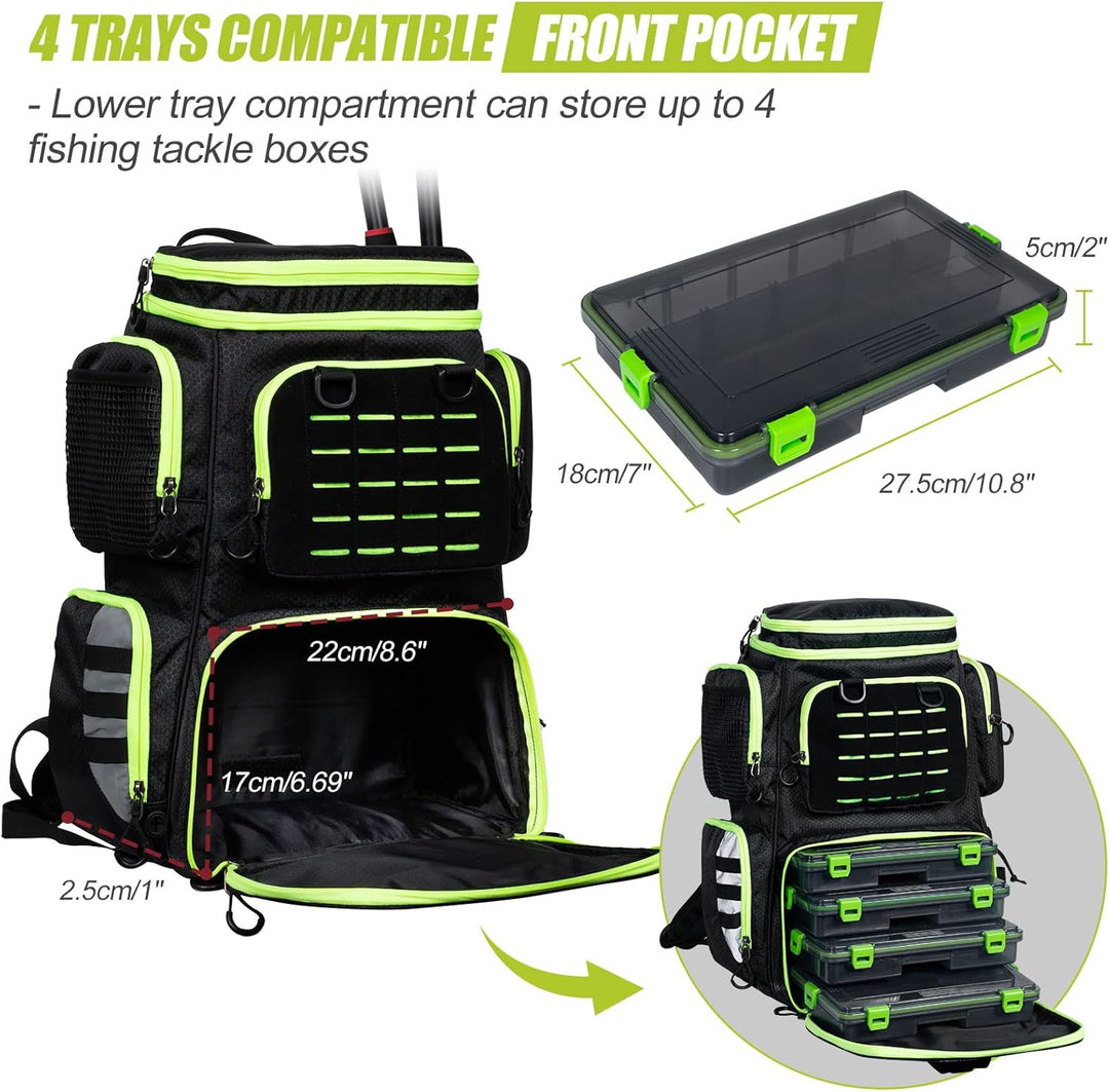 FEIWOOD GEAR Angelausrüstungs-Rucksack mit 4 Angelboxen, grosser Stauraum – widerstandsfähiger Angel