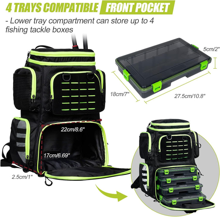 FEIWOOD GEAR Angelausrüstungs-Rucksack mit 4 Angelboxen, grosser Stauraum – widerstandsfähiger Angel