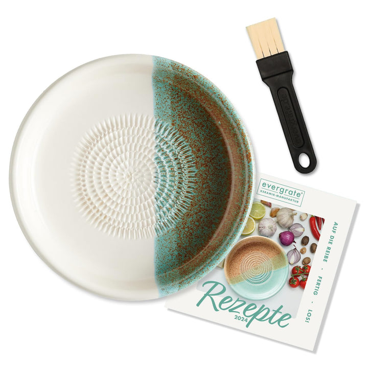 evergrate Keramikreibe Dipschale im Motiv Ice mit Küchenpinsel und Rezeptheft, Ice