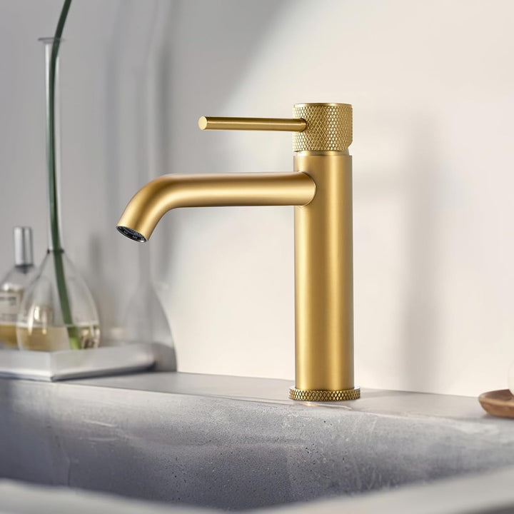 Wasserhahn Bad Waschtischarmatur Gold, Armatur Badezimmer mit Auslauf Höhe 105 mm, Einhebelarmatur G