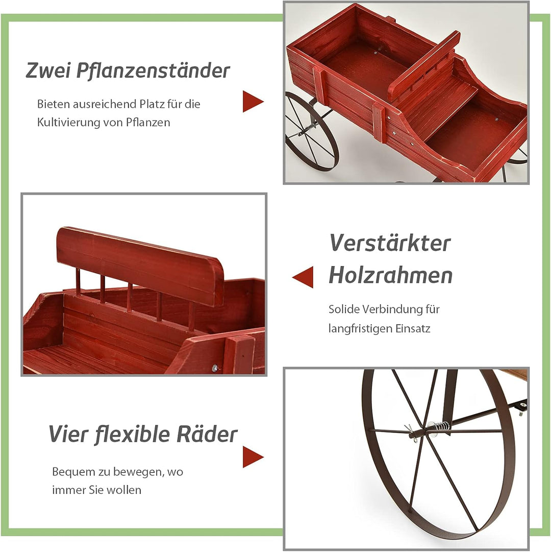 COSTWAY Blumenständer Holzwagen Pflanzwagen Blumenwagen mit Metall Rädern Blumenkasten Pflanzenständ
