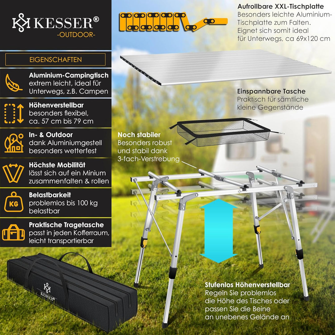 KESSER® Campingtisch faltbar Klapptisch mit Aluminiumrahmen Aufrollbare Tischplatte Falttisch klappb