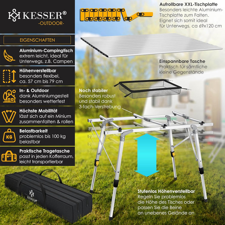 KESSER® Campingtisch faltbar Klapptisch mit Aluminiumrahmen Aufrollbare Tischplatte Falttisch klappb