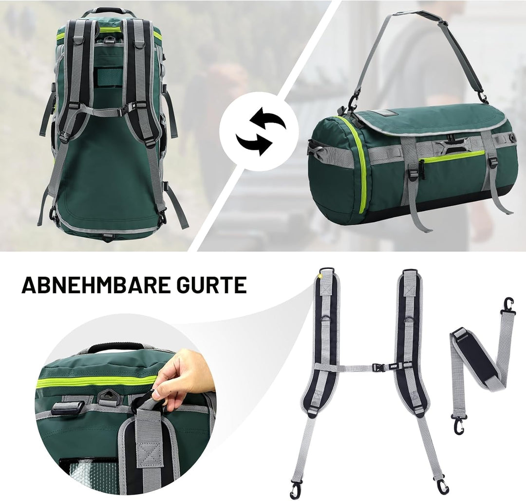 MIER Grosse Sporttasche wasserdicht Sportrucksack mit Schuhfach umwandelbar in Rucksack, 45L/60L/90L
