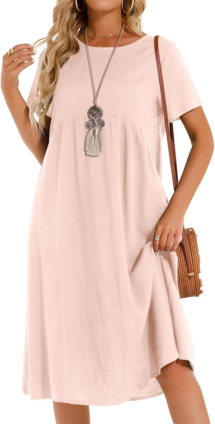 Tincini Sommerkleid Damen Leinen Kleider Casual V-Ausschnitt Midikleid Kurzarm A-Linie Kleid Strandk