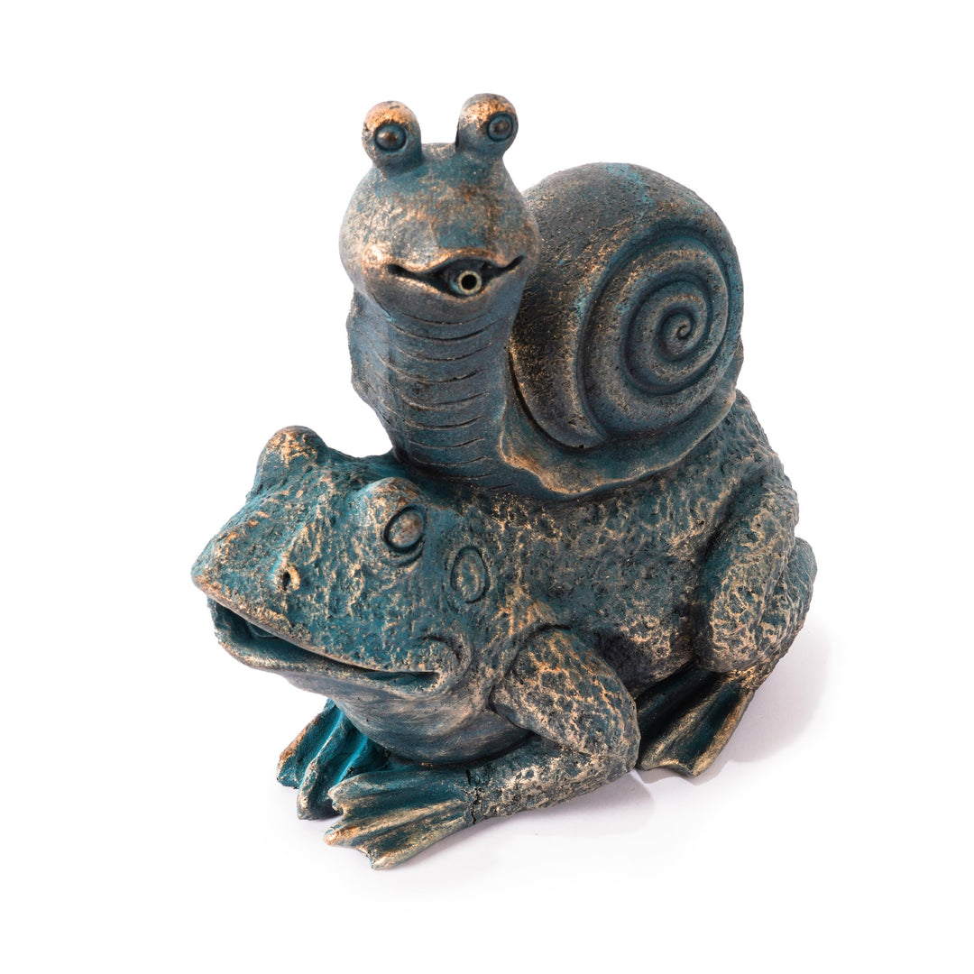 Esotec Wasserspeier-Figur Schnecke auf Frosch Max & Moritz, Einzelfigur mit Schlauch, Altkupfer-Desi