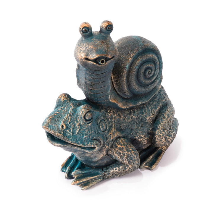 Esotec Wasserspeier-Figur Schnecke auf Frosch Max & Moritz, Einzelfigur mit Schlauch, Altkupfer-Desi