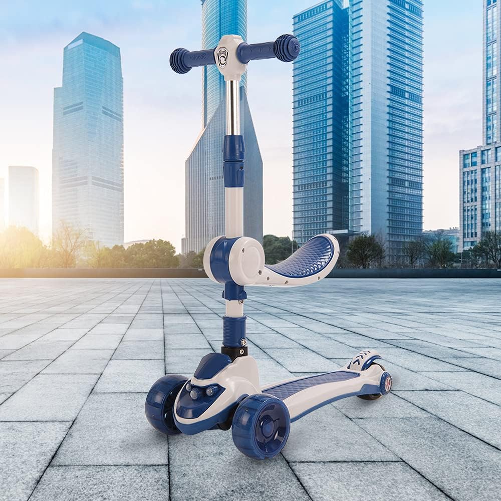 Tretroller mit 3 Rädern für Scooter, faltbar, bunt | rutschfeste Brücke höhenverstellbar mit LED-Lic