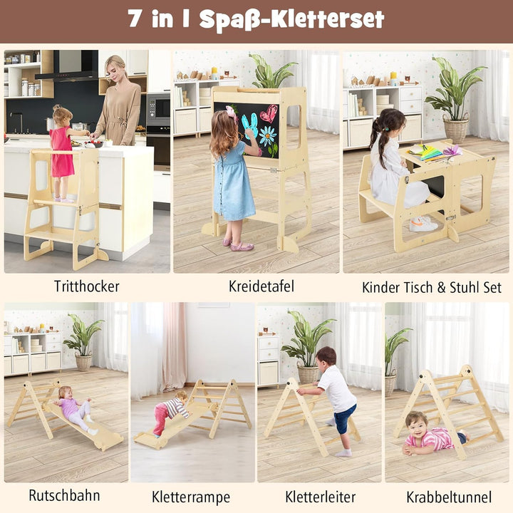 COSTWAY Kletterdreieck mit Rutsche, 7 in 1 Klettergerüst Indoor für Kinder ab 3 Jahren, inkl. Klette