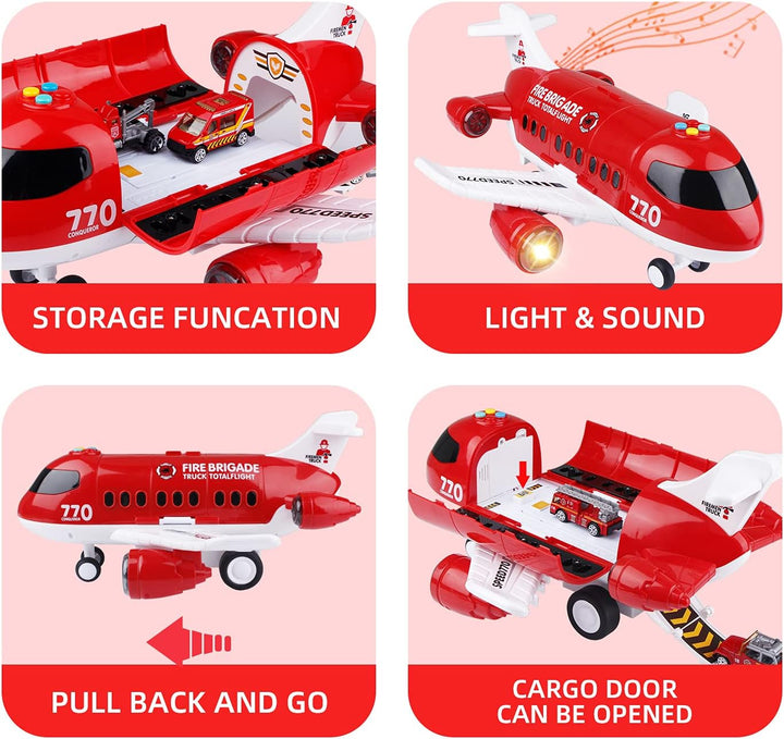 Jenilily Feuerwehr Flugzeug Spielzeug Auto mit Verkehrsschilder  Kleinkind Transporter Spielzeugauto