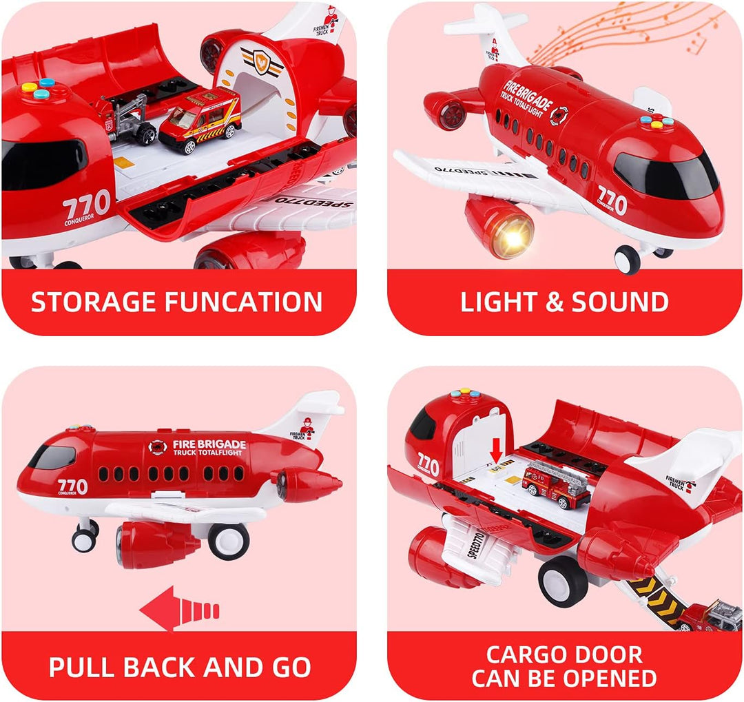 Jenilily Feuerwehr Flugzeug Spielzeug Auto mit Verkehrsschilder  Kleinkind Transporter Spielzeugauto