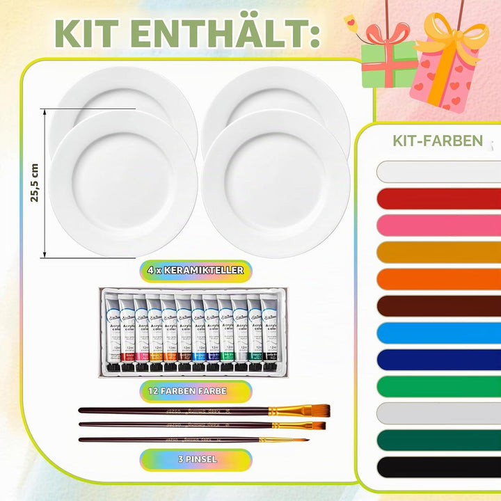 Sinmoe Keramik Bemalen Set Teller zum Bemalen Enthält 4 Porzellanteller 3 Pinsel 12 Acrylfarben 1 Ge