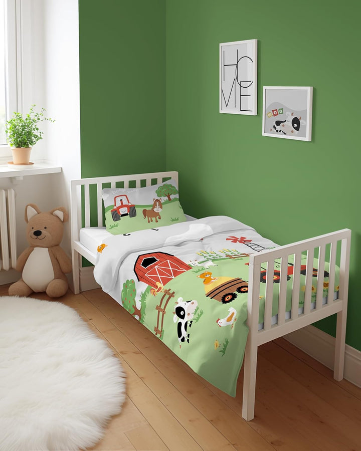 Babybettwäsche Set Bauernhof, 100 x 135 cm Bettbezug, 40 x 60 cm Kissenbezug, 100% Baumwolle, Mehrfa