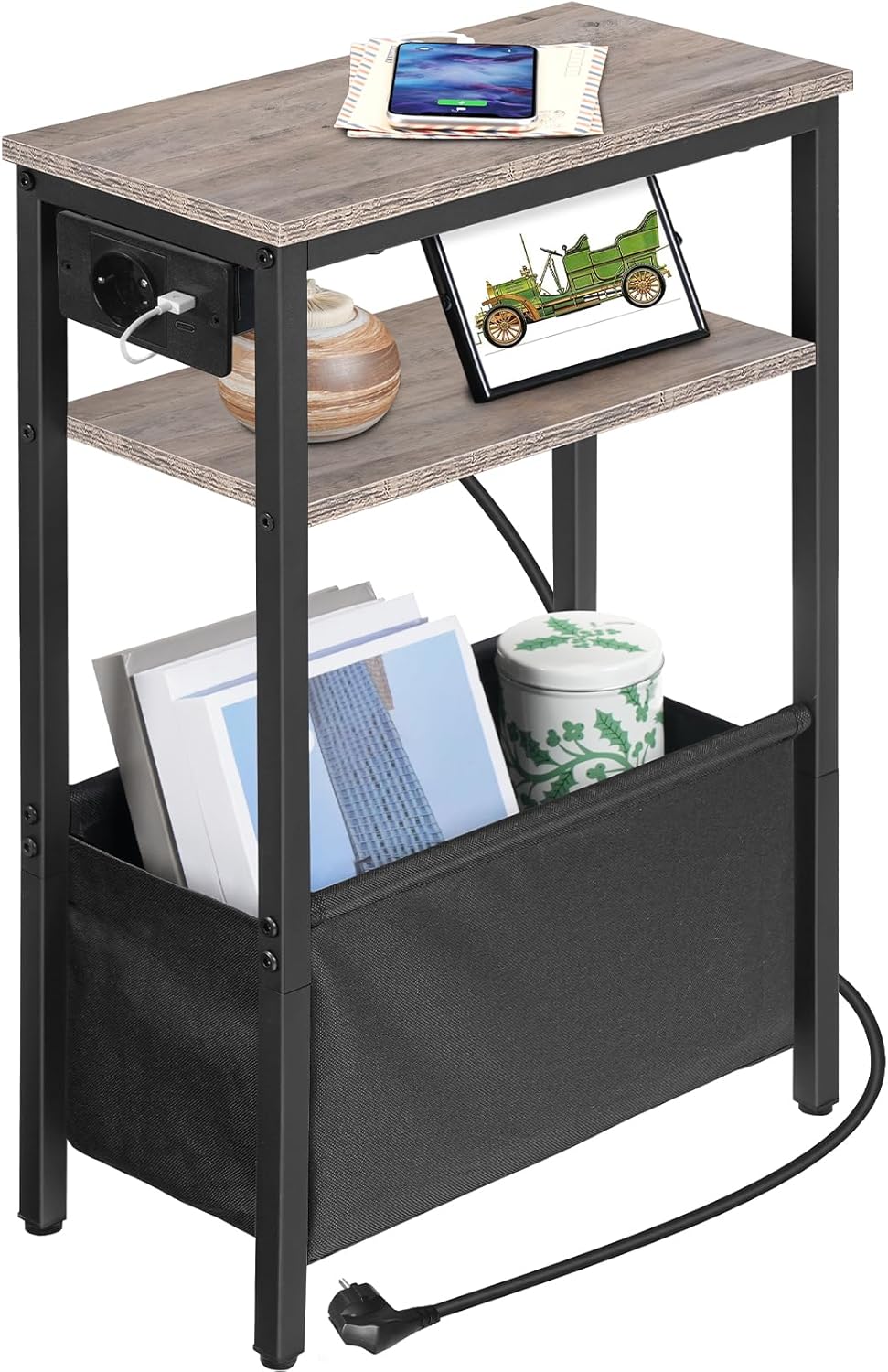 HOOBRO Beistelltisch mit Ladestation, Nachttisch mit Stauraum, Sofatisch mit Steckdose und USB-Ansch