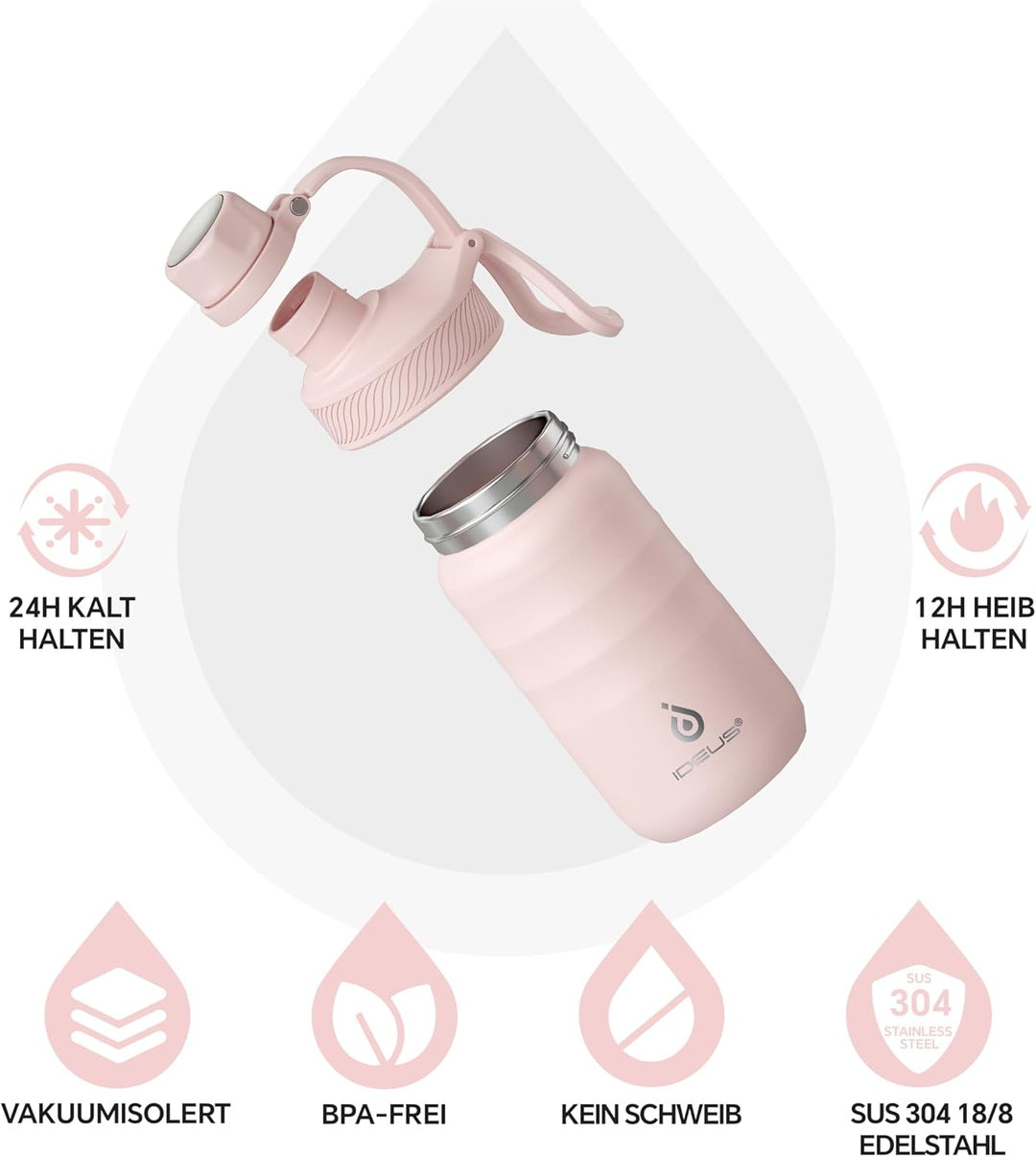 Ideus Vakuumisolierte Wasserflasche, 12oz (360ml) Edelstahl Doppelwand Flasche Metall Sport Kantine