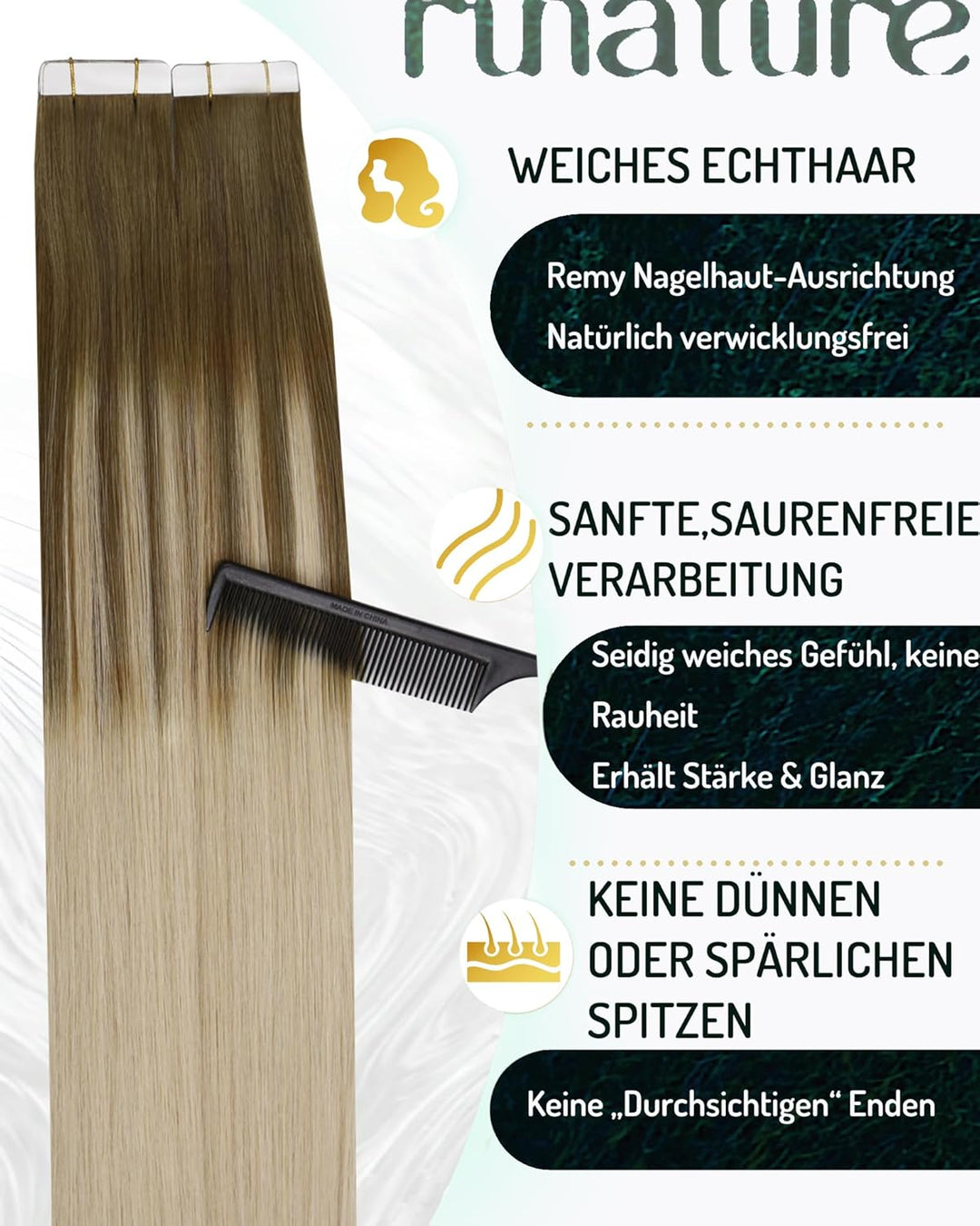 RUNATURE Tape Extensions Echthaar 50cm Balayage Braun Ombre Blond Unsichtbarer Tape in Haarverlänger