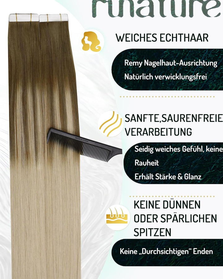 RUNATURE Tape Extensions Echthaar 50cm Balayage Braun Ombre Blond Unsichtbarer Tape in Haarverlänger