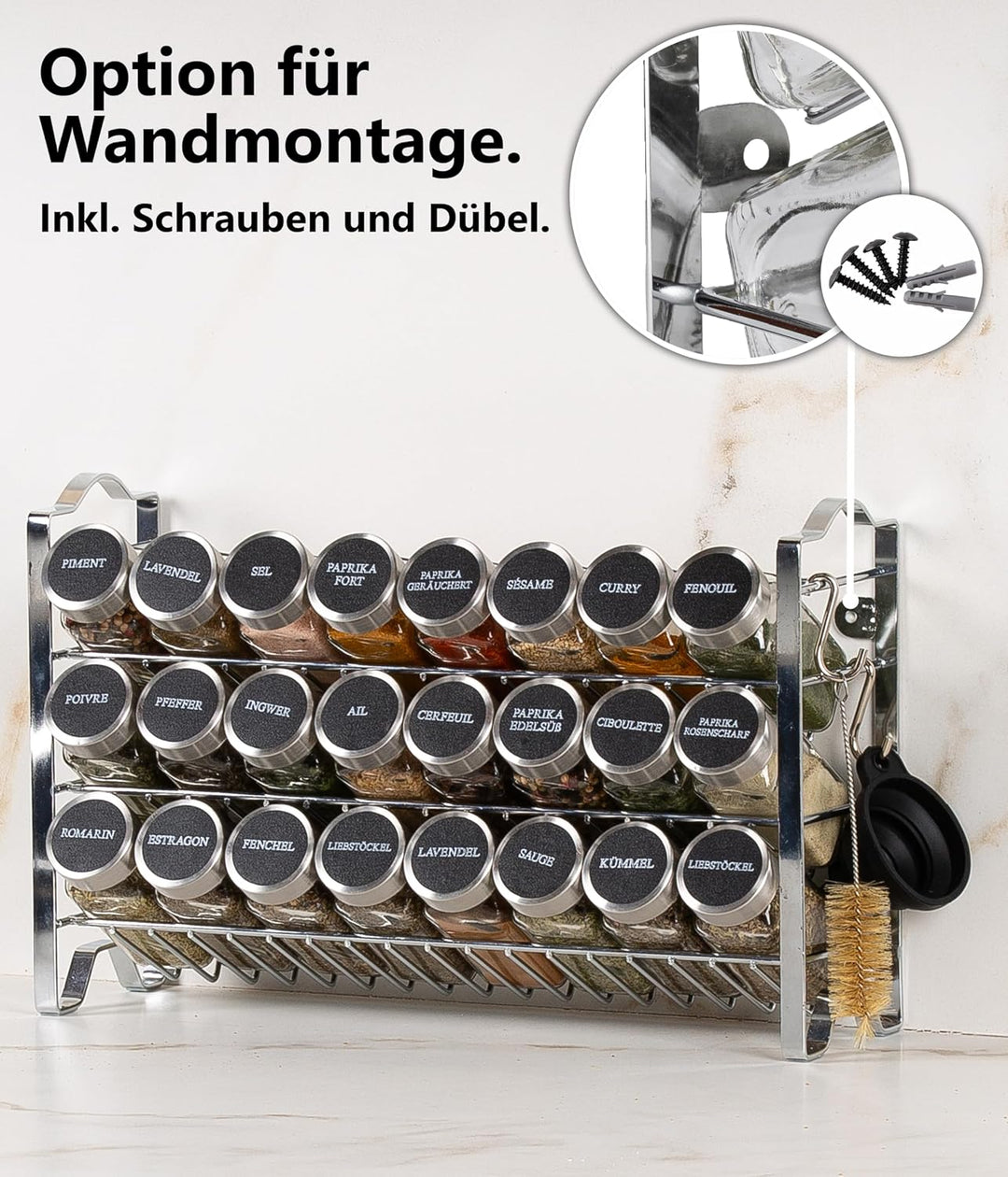 Deco haus® Gewürzregal mit Gläsern - Gewürzgläser mit Regal - Gewürzregal Wand, Gewürzständer mit 24