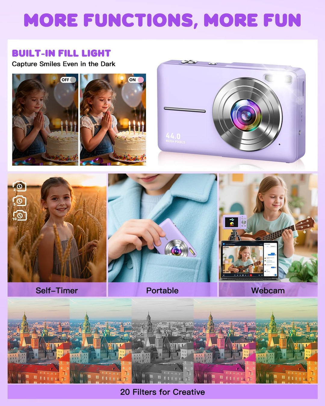 Digitalkamera 1080P 44MP Fotoapparat, mit 2,4" LCD-Bildschirm, 16-fachem Digitalzoom und Bildstabili