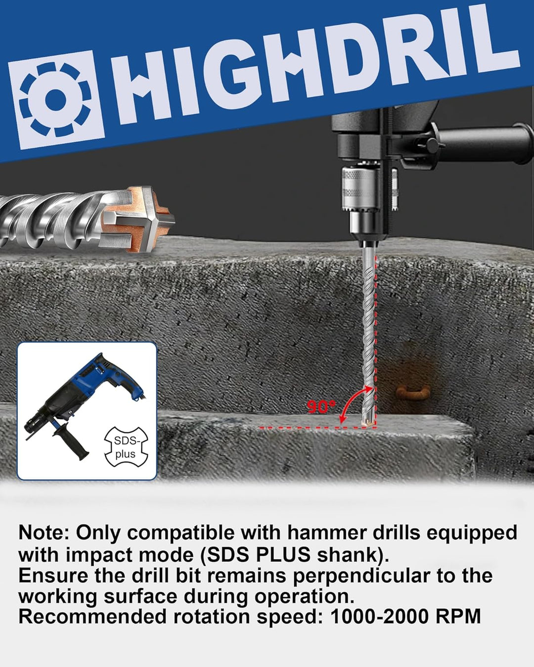 HIGHDRIL Betonbohrer Set- 10-teilig 5-12mm (160mm Länge) Hammer-Bohrer-Set, SDS Plus Bohrer Set für
