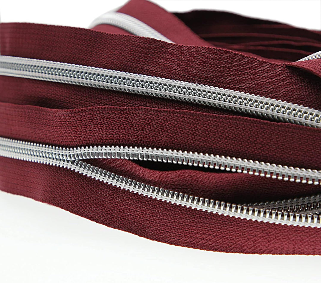 #5 Metallic Nylonspulen-Reissverschlüsse Meterware 10 Yards wein rotes Klebeband mit 25 Stück Silber