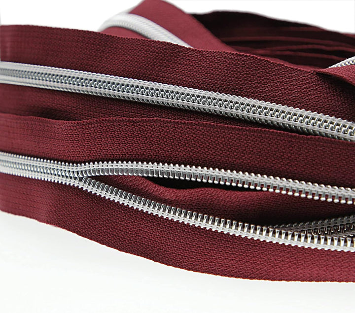 #5 Metallic Nylonspulen-Reissverschlüsse Meterware 10 Yards wein rotes Klebeband mit 25 Stück Silber