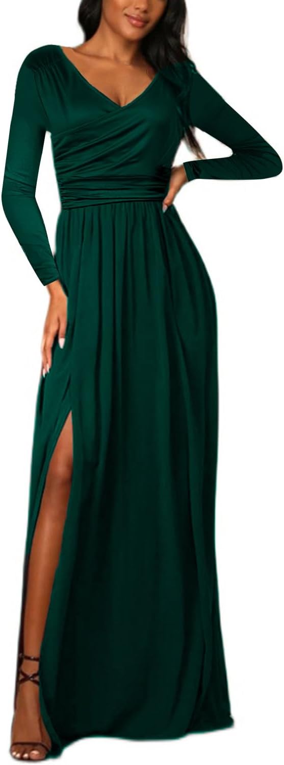 Damen Kleid 2.0 Elegant Langarm V-Ausschnit Tunika Maxikleider Casual Hohe Taille Saumschlitz Cockta