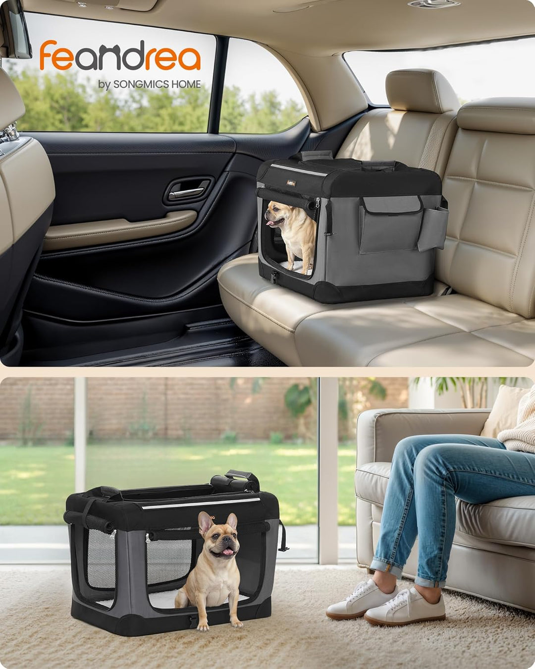 Feandrea Hundebox faltbar, 60 cm Transportbox für kleine Hunde, Hundetasche, Oxford-Gewebe, mit 4 Tü