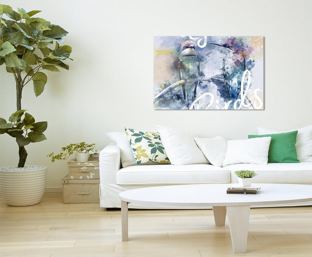 Paul Sinus Art Bild Leinwand 80x60cm Vogel auf Zweig in Blautönen mit Kalligraphie, 80x60cm
