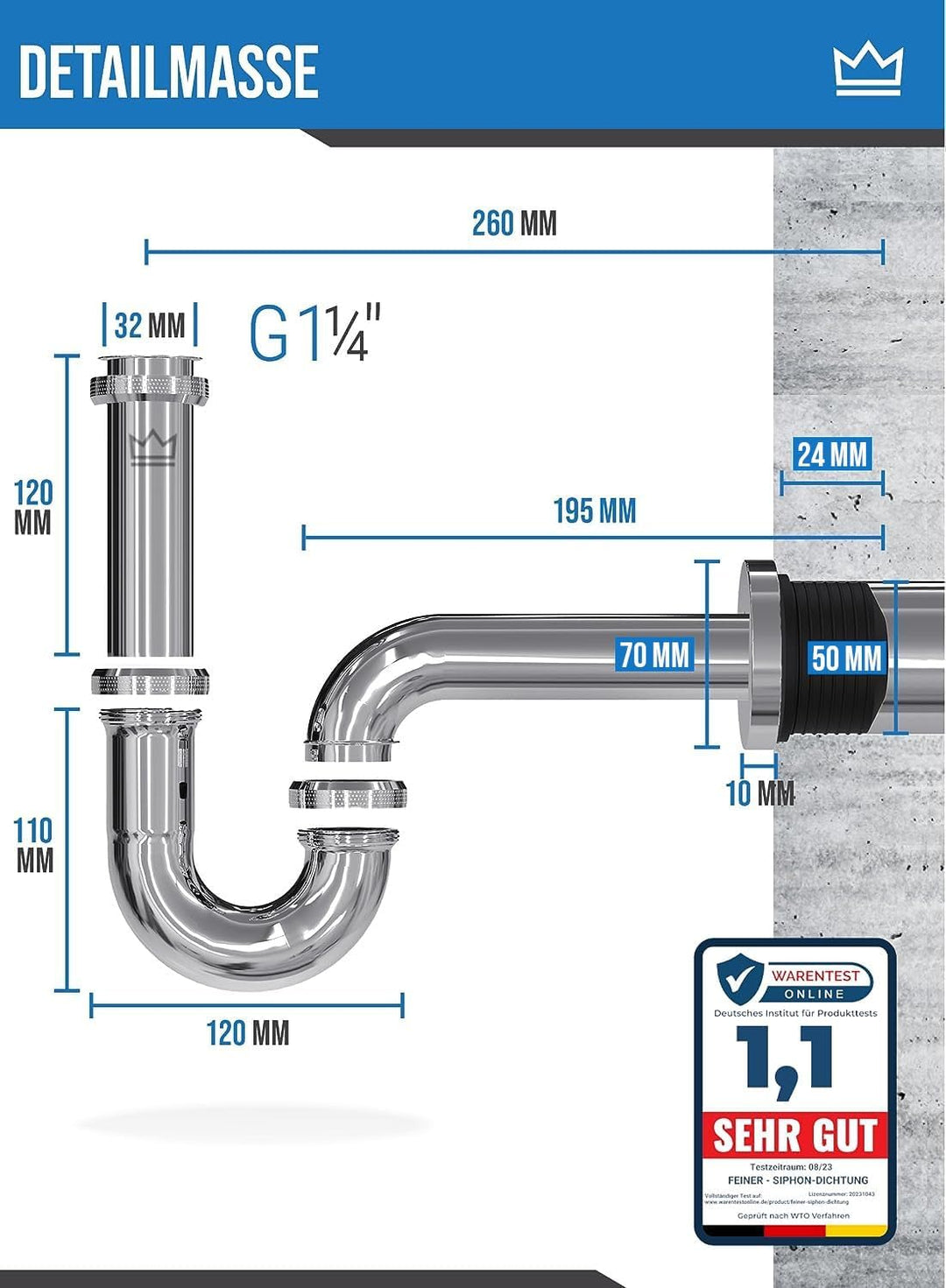 FEINER® Universal Siphon Waschbecken aus Chrom 1 1/4" Komplettset alles dabei, Tauchrohr 2-12 cm Höh