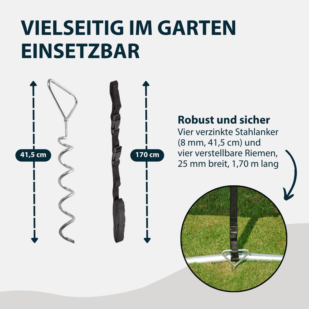 HUDORA Bodenanker Set 4x schwarze 1700mm Gurte 4x Spiralhaken ohne Ring, 4x schwarze 1700mm Gurte 4x