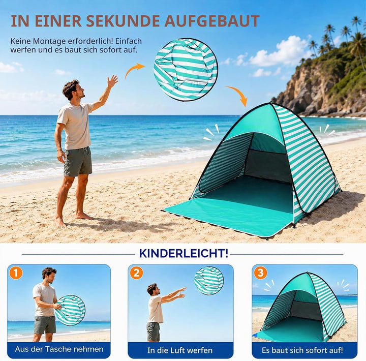 Pop Up Strandmuschel, Strandmuschel Pop Up Strandzelt, UV-Schutz 50+, geeignet für 2-3 Personen, ink