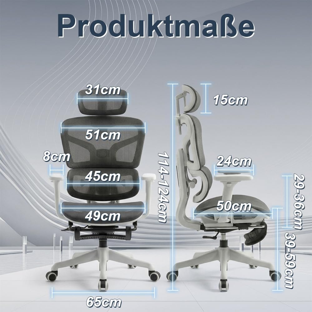 Ergonomischer Bürostuhl mit Lendenwirbelstütze, Kopfstütze & Fussstütze, Höhenverstellbarer Drehstuh