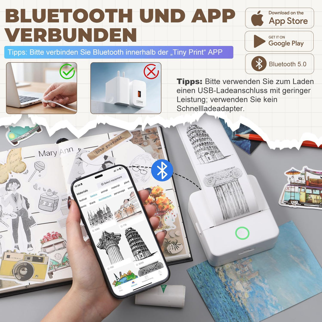 PRAOAHEI Mini Drucker, Tragbarer Fotodrucker mit 10 Rollen Druckerpapier, Bluetooth-Etikettendrucker