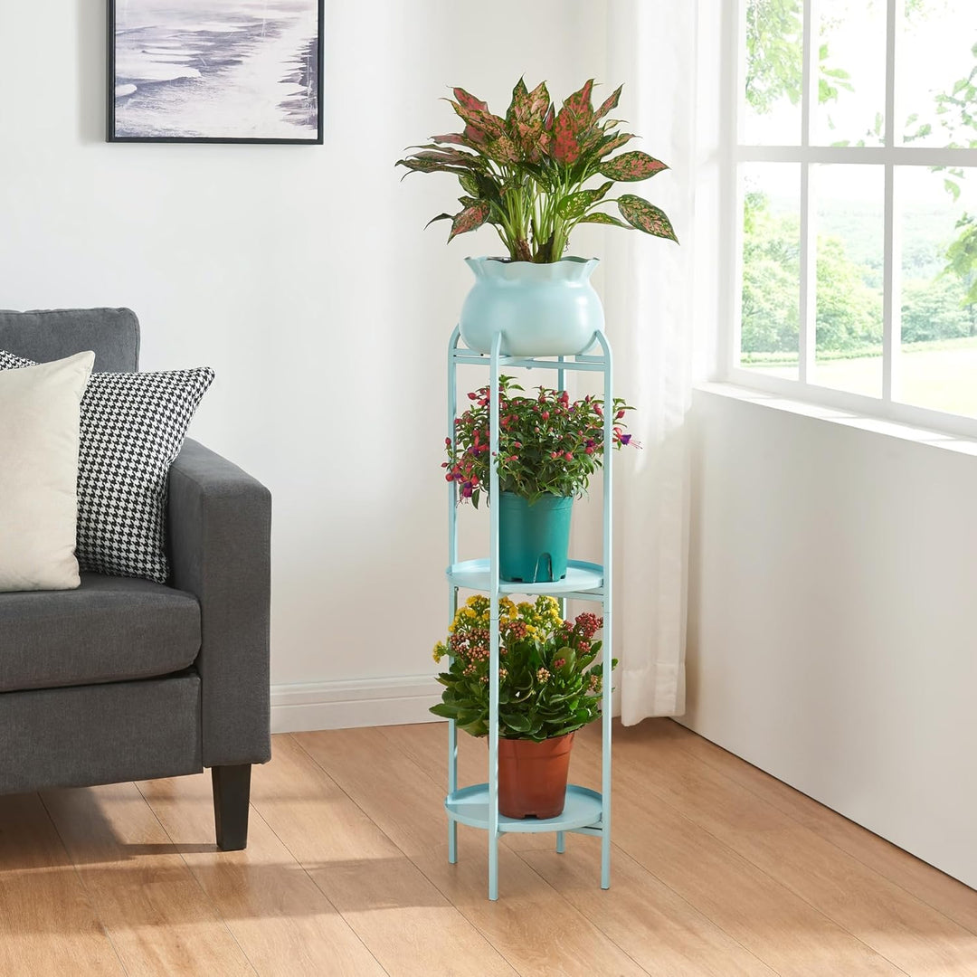 [en.casa] Blumenständer Altena Pflanzenständer mit Blumentopf und 2 Ablagen Metall Hellblau Pflanzen