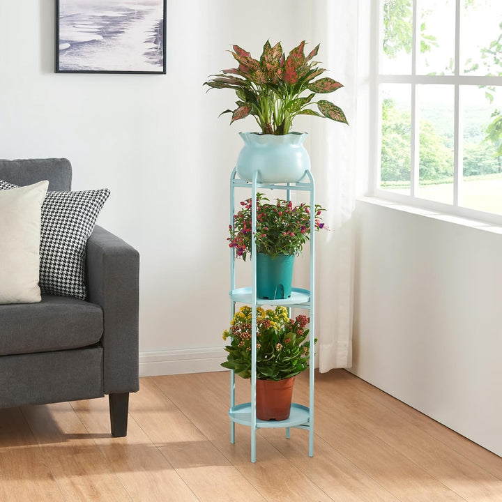 [en.casa] Blumenständer Altena Pflanzenständer mit Blumentopf und 2 Ablagen Metall Hellblau Pflanzen