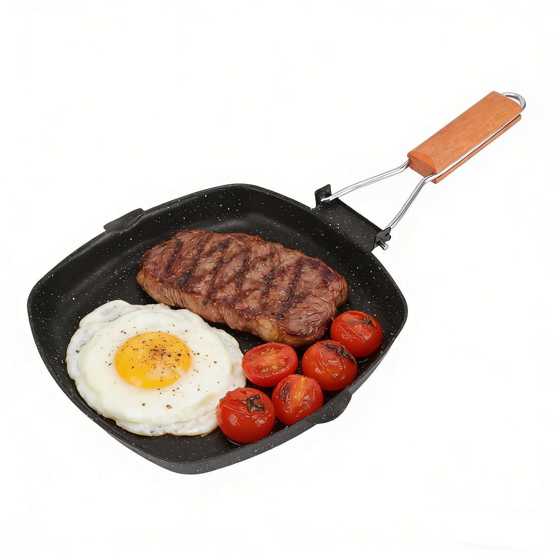 Grillpfanne aus Stahl, Antihaft-Grillpfanne, Bratpfanne für den Aussenbereich, klappbarer Buchengrif
