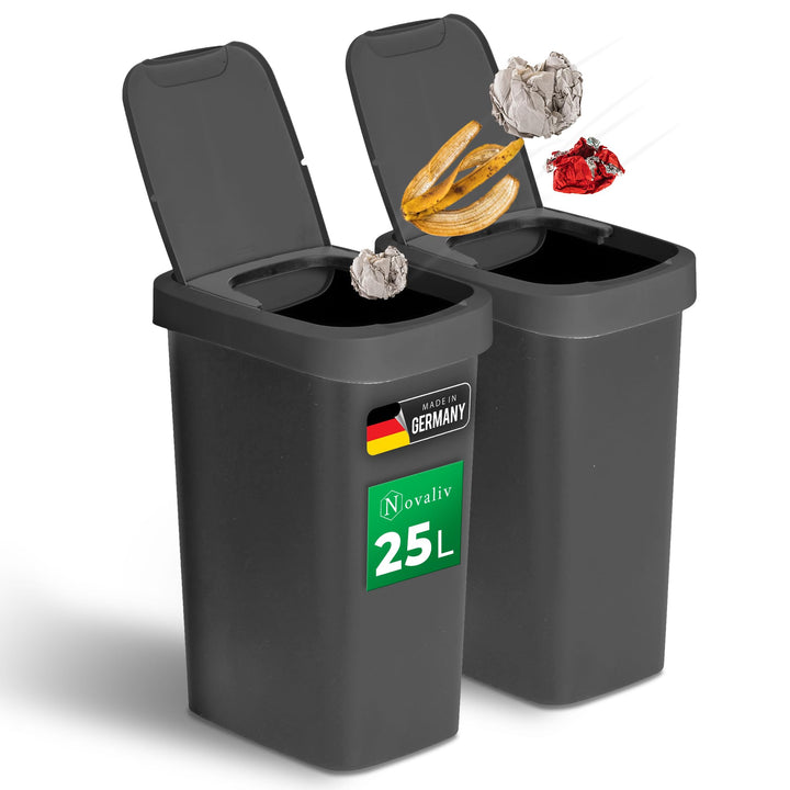 Novaliv 2x Mülleimer 25L mit 2in1 Deckel, Klappdeckel & Schwingdeckel, Anti-Geruch Abfalleimer für K