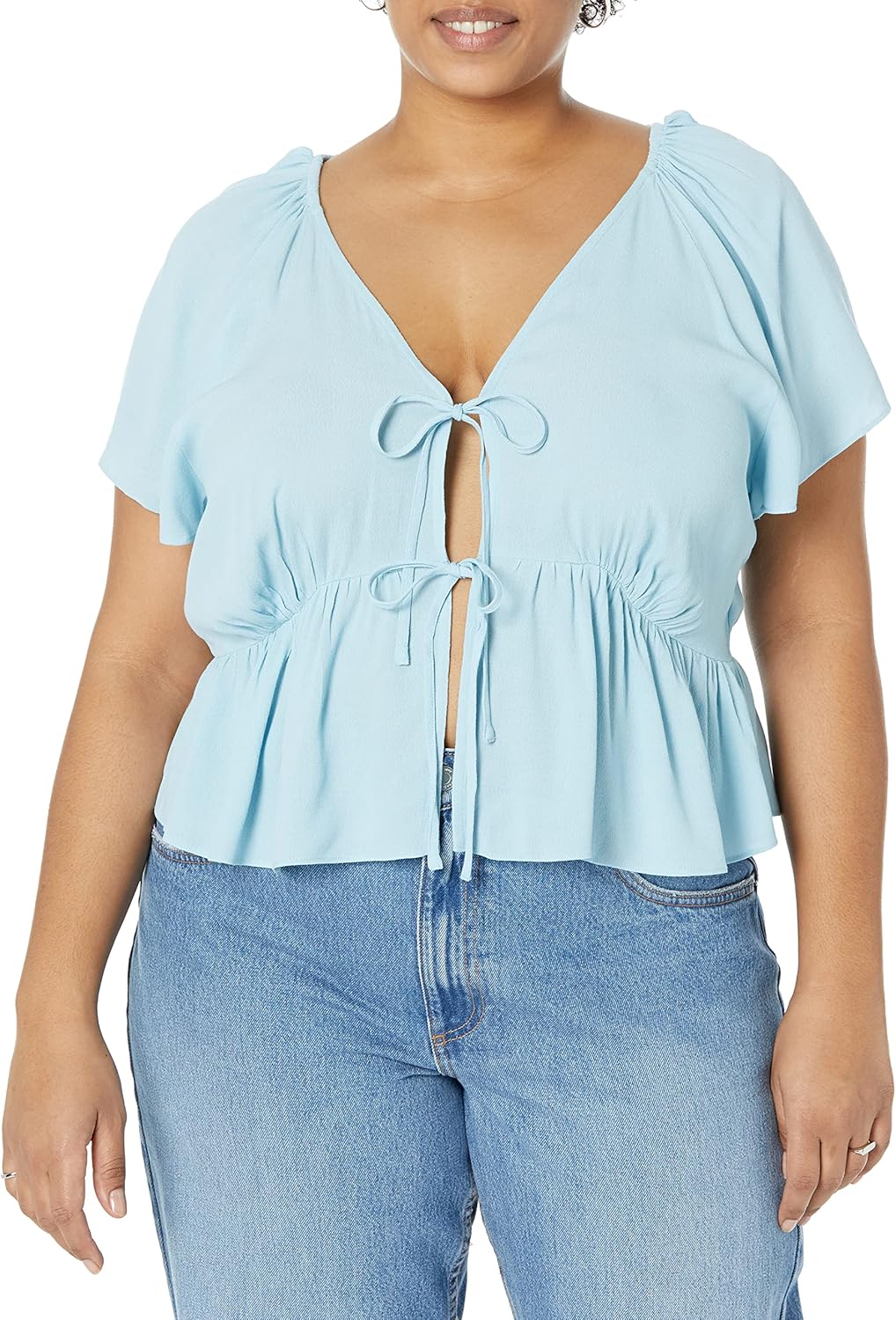 The Drop Damen Bluse aus Krepp Elize mit Puffärmeln und Schnürung Vorne Blouses (1er Pack) M Himmelb