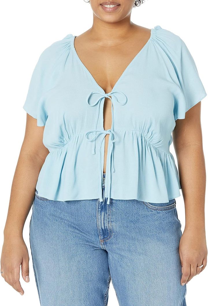 The Drop Damen Bluse aus Krepp Elize mit Puffärmeln und Schnürung Vorne Blouses (1er Pack) M Himmelb