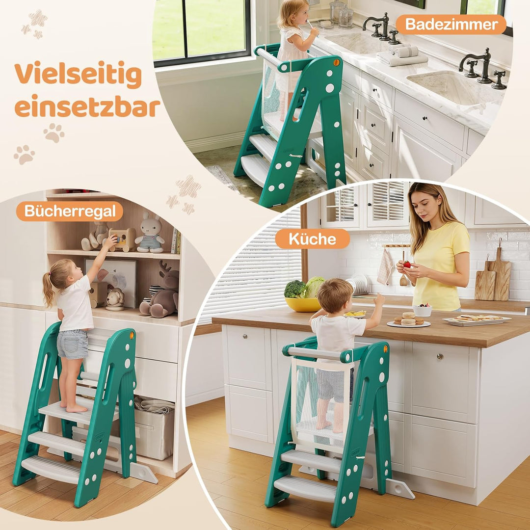 Onasti Lernturm für Kinder mit Sicherheitsgeländer, Lernturm Klappbar, Höhenverstellbar, Learning To