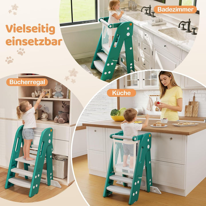 Onasti Lernturm für Kinder mit Sicherheitsgeländer, Lernturm Klappbar, Höhenverstellbar, Learning To