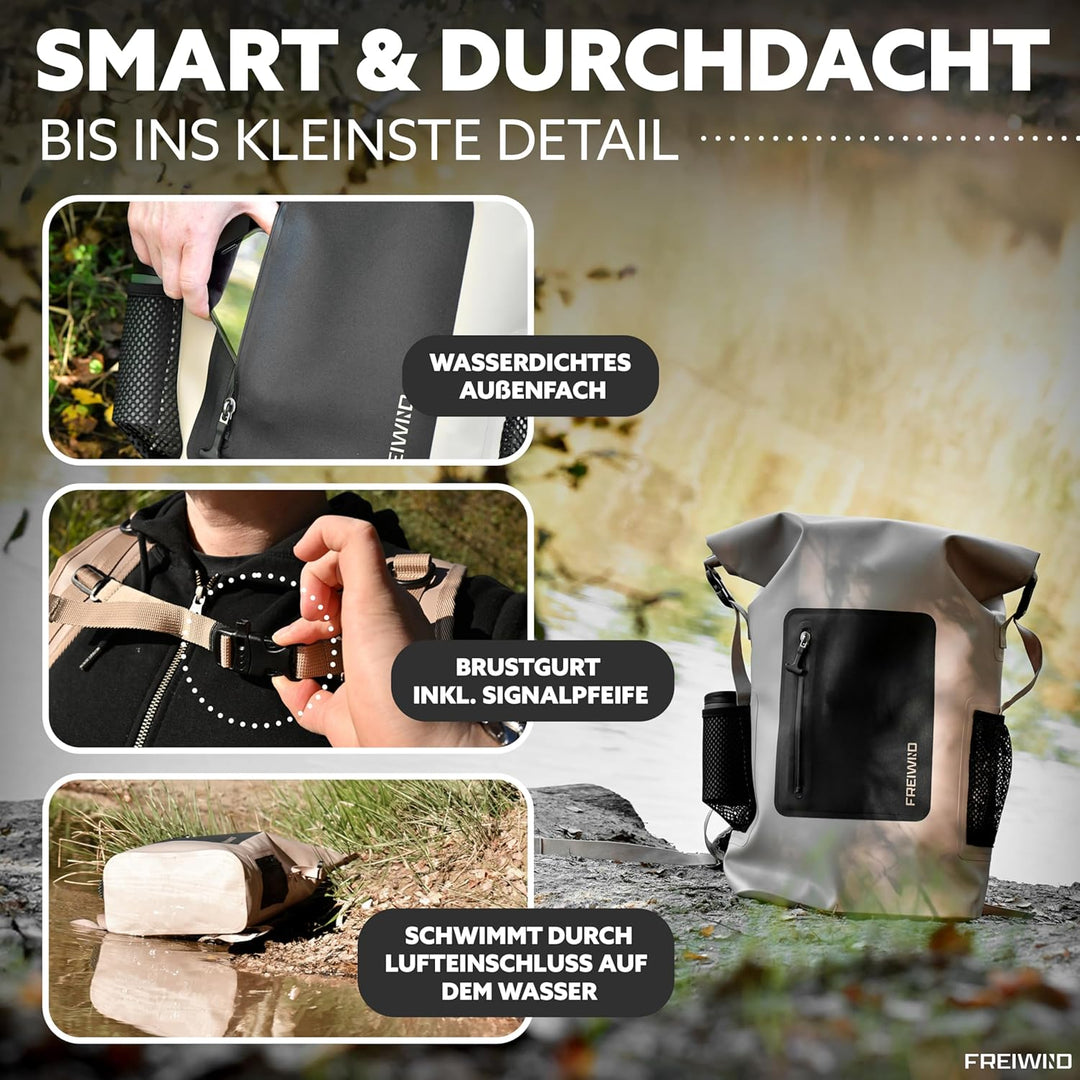 wasserdichter Rucksack tauchfähig - 100% sicher, 30-35l Volumen inkl. 17" Laptopfach und Rolltop, Ru