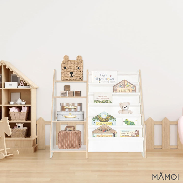 MAMOI® Bücher- und Spielzeugregal, funktionales 2-in-1-Regal, Organizer mit Ablagen und Stofftaschen