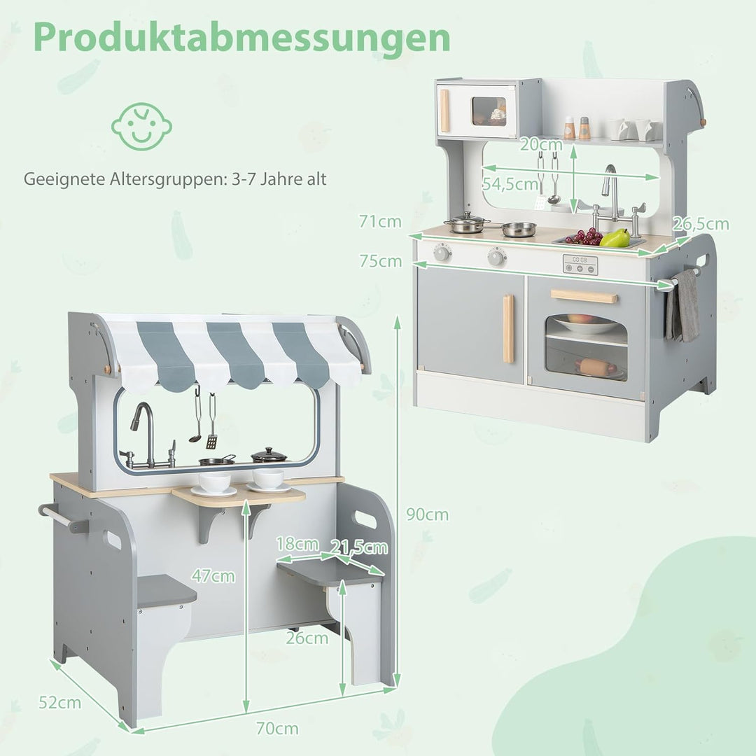 COSTWAY 2 in 1 Kinderküche mit Zubehör, Spielküche mit Restaurant zum Kochen &amp; Servieren, Holzküche