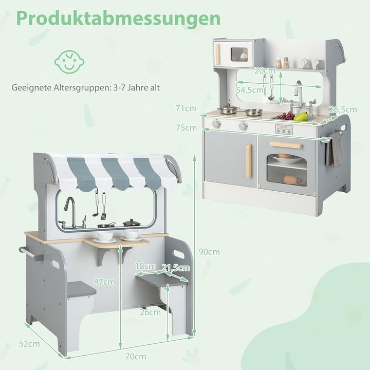 COSTWAY 2 in 1 Kinderküche mit Zubehör, Spielküche mit Restaurant zum Kochen &amp; Servieren, Holzküche