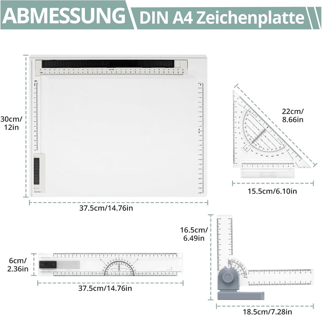 COLFULINE Zeichenplatte A4 Set, 37x30cm Zeichenbrett DIN A4 Zeichenplatten mit T-Quadrat, L-Rotation