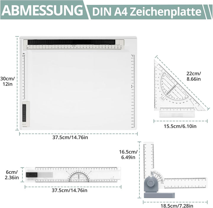 COLFULINE Zeichenplatte A4 Set, 37x30cm Zeichenbrett DIN A4 Zeichenplatten mit T-Quadrat, L-Rotation