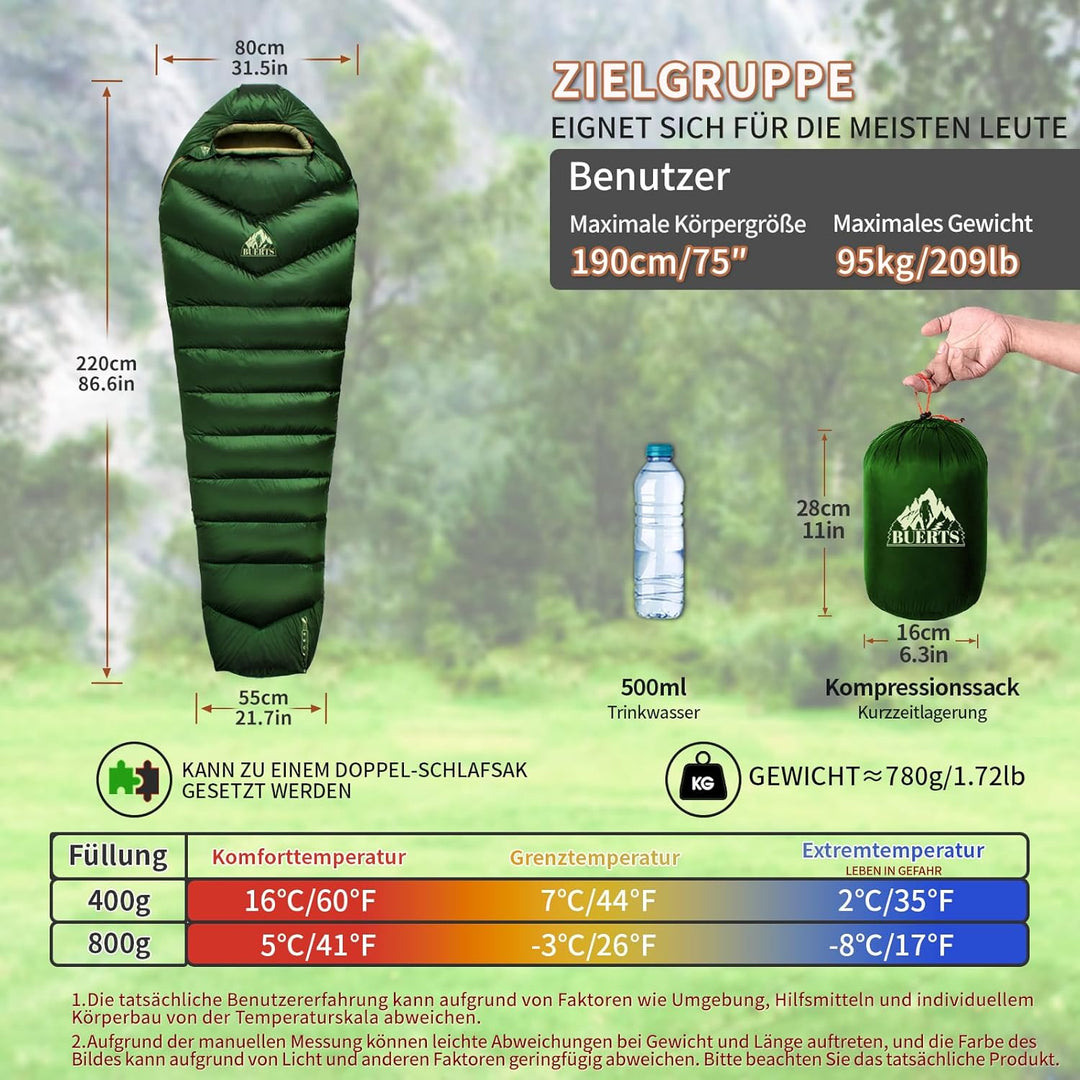 Daunenschlafsack Ultraleicht mit kleinem Packmass(620FP/RDS)-Sommerschlafsack für Camping,Trekking,B